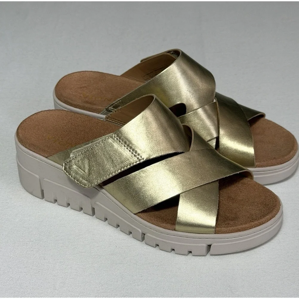 Vionic Women's Gold Metallic Leather Uptown Sunset Wedge Slide Sandal Size 7